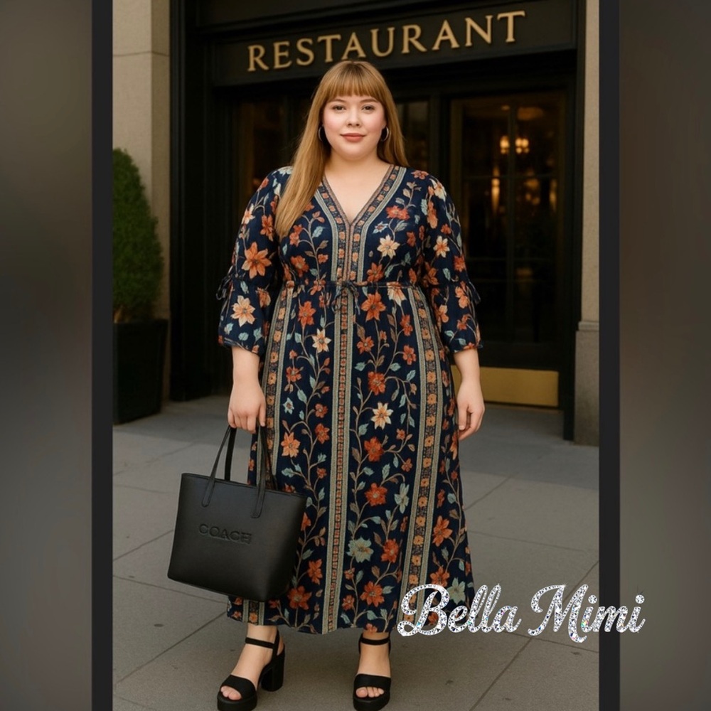 NWT Bloomchic Floral print Maxi dress with ties plus size 2X 18/20 🌸🌺🌹 BMBOO
